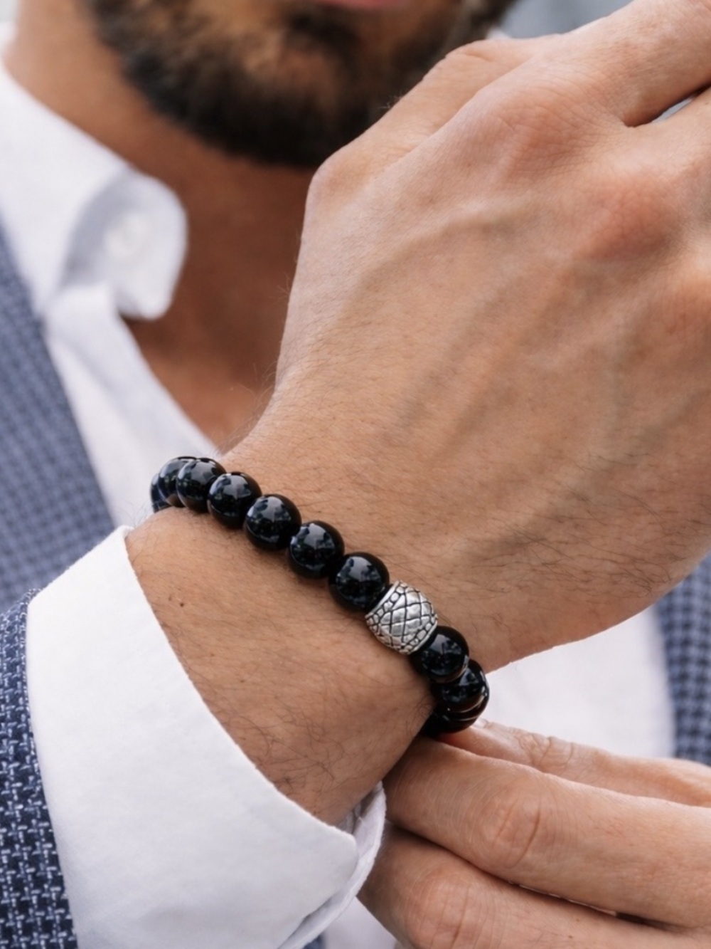 Hand Crafted Mens Black Onyx Bead Bracelet